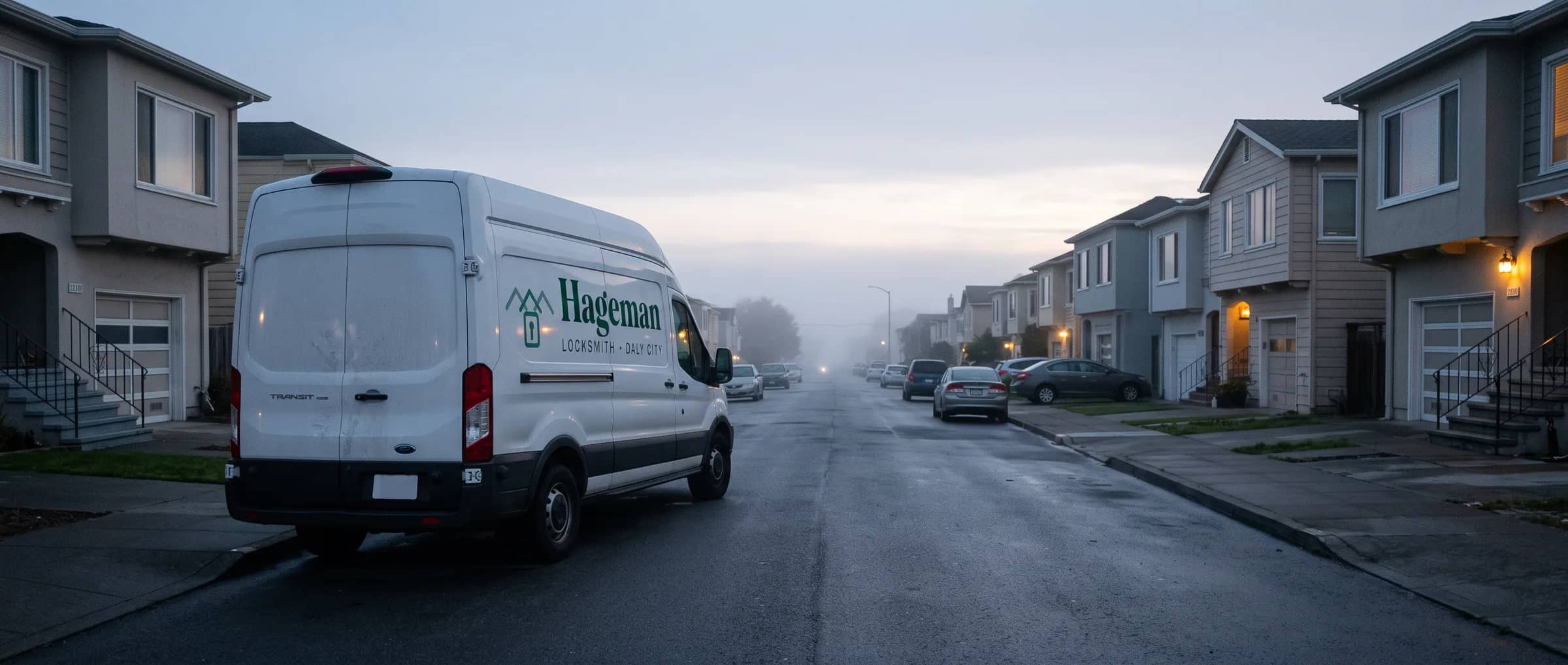 Hageman van parked at the kerb on a Daly City street in evening fog